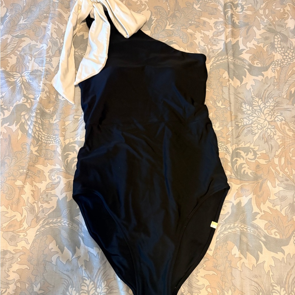 summersalt Black One-Shoulder One-Piece with White Tie
